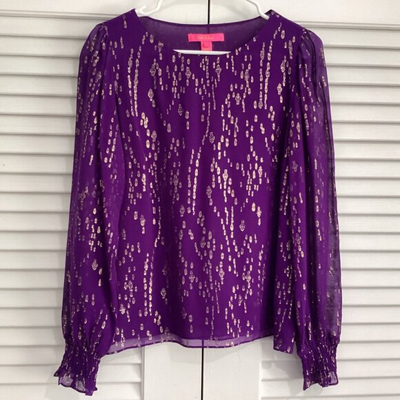 Lilly Pilitzer Idina Silk Top Size S Purple Party Resortwear Metallic Shimmer - Picture 3 of 11